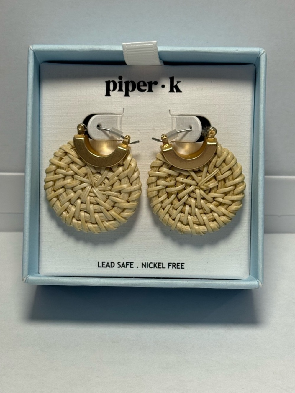 Piper K Woven Rattan Hoop Drop Earrings Gold Tone Boho Summer Statement New